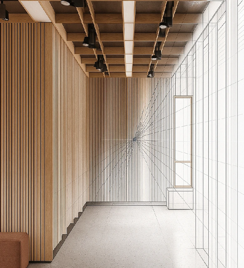 Pasillo moderno con paredes de madera vertical, techo con paneles y luces empotradas, y suelo de baldosas claras.