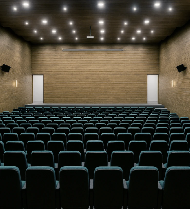Auditorio vacío con filas de sillas negras, paredes y techo de madera, y un escenario al frente.