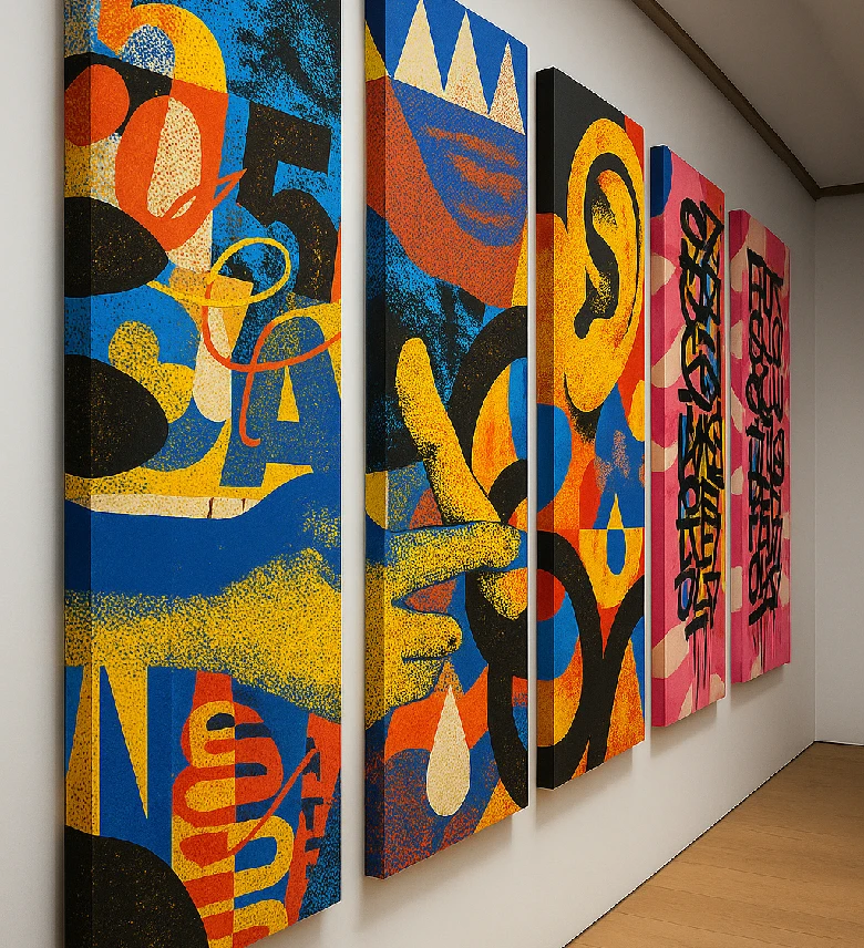 Cinco paneles verticales con arte abstracto colorido, fondo azul y rosa, incluyendo figuras, números y texto.