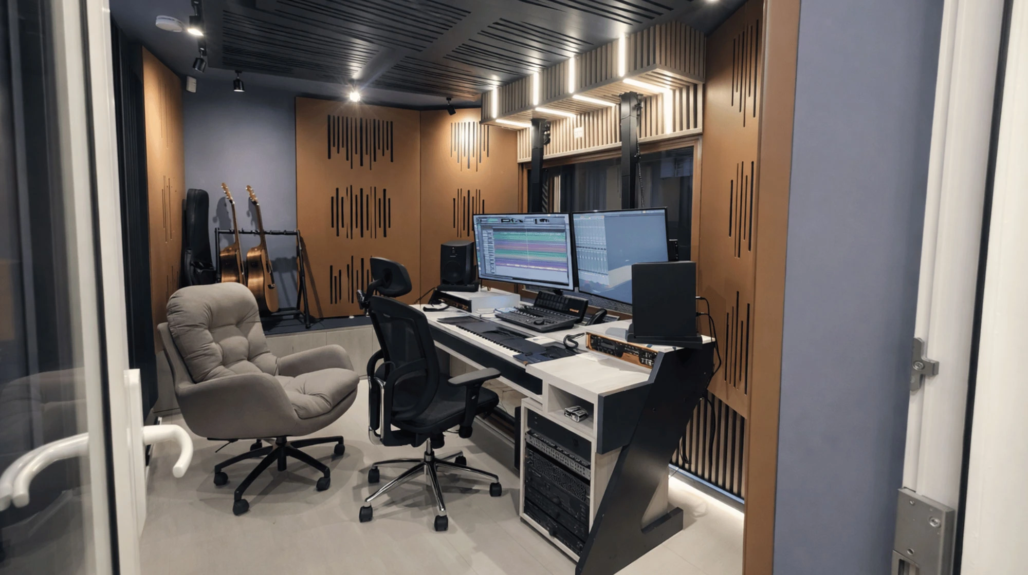 Estudio de grabación moderno con escritorio, dos monitores, teclados, sillas y guitarras apoyadas en la pared.