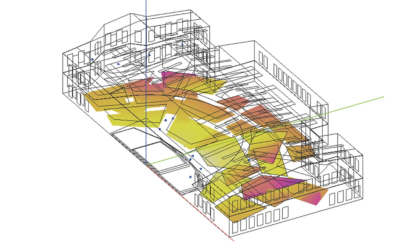 Modelo arquitectónico digital 3D con líneas de contorno y áreas sombreadas en amarillo y rosa que representan análisis o flujo dentro de un edificio