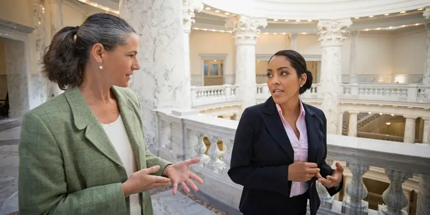 Two professional women in business attire talking inside a marble government building with columns and ornate architecture.