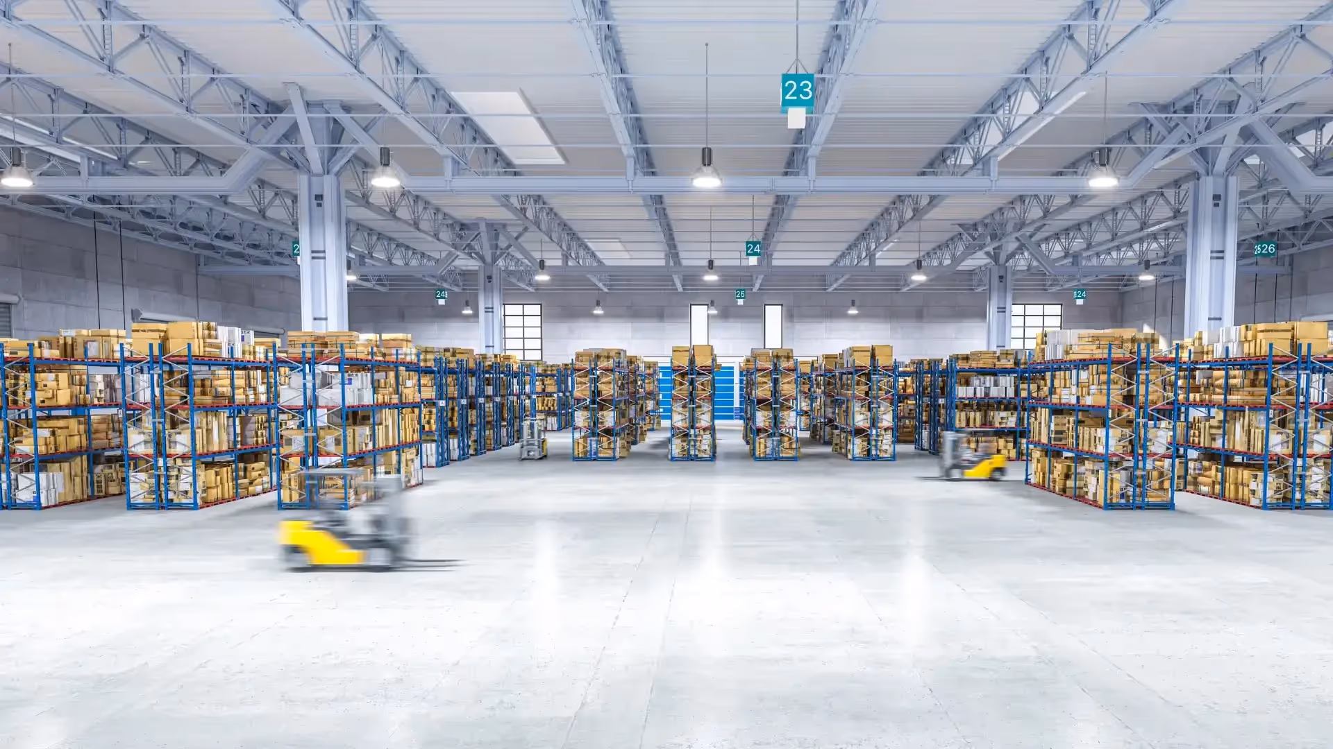 arge warehouse with tall shelves filled with boxes and forklifts moving inventory.