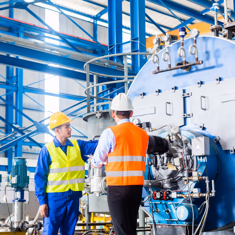 A group of men are seen wearing hard hats and reflective vests inside a factory setting. They represent various roles in the engineering and construction sectors, indicative of blue-collar work. The environment is industrial, with machines present, highlig