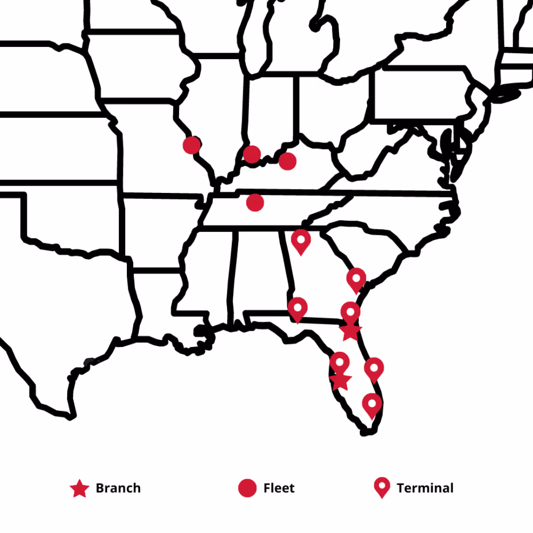 Map of HWH's branch, fleet, and terminal locations