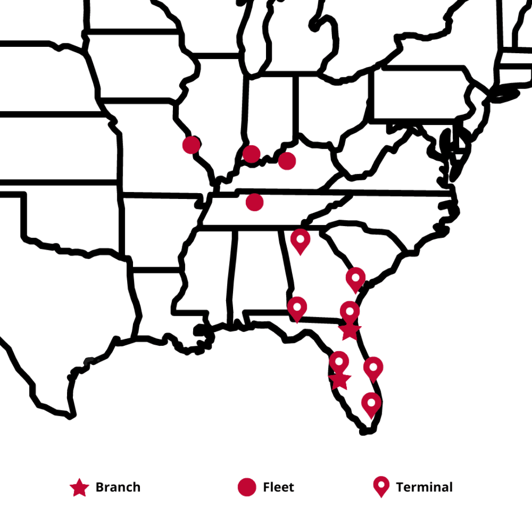 Map of HWH's branch, fleet, and terminal locations