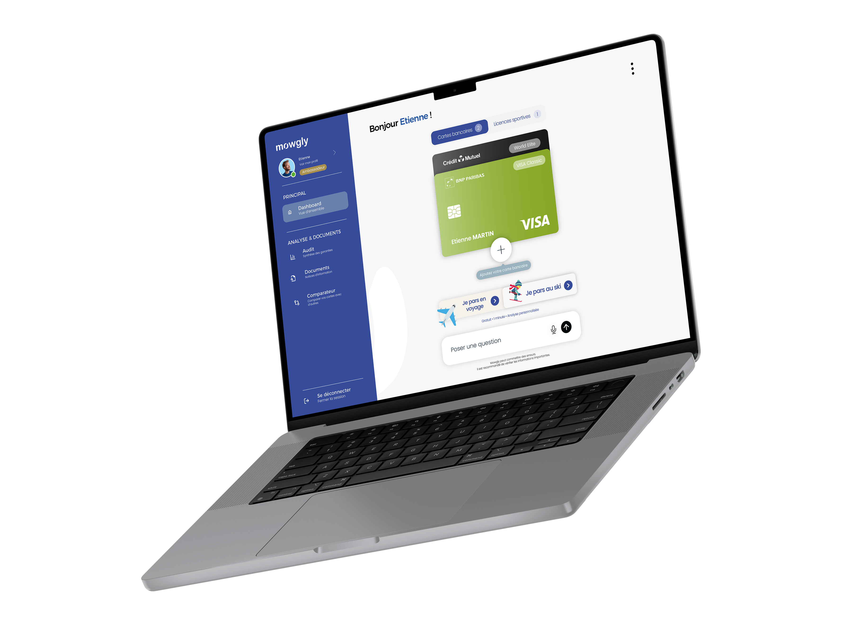 MOWGLY sur ordinateur - tableau de bord des couvertures d'assurance