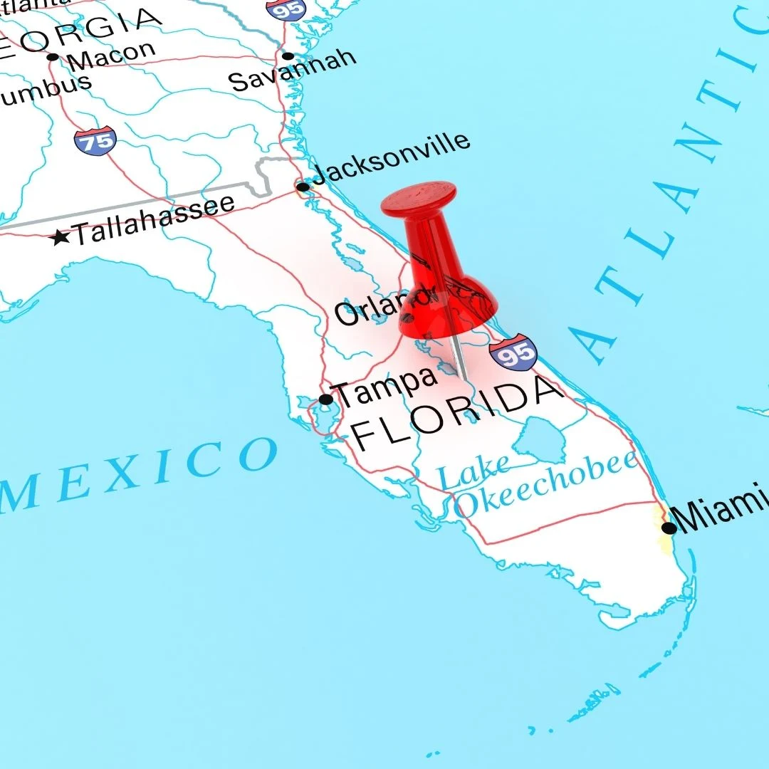 Map of Florida with red location pin marking Orlando in central Florida