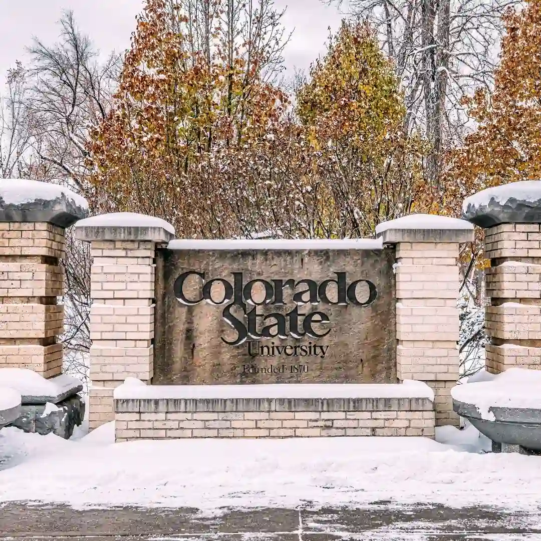 Colorado State University entrance sign covered in snow with autumn trees at Fort Collins campus