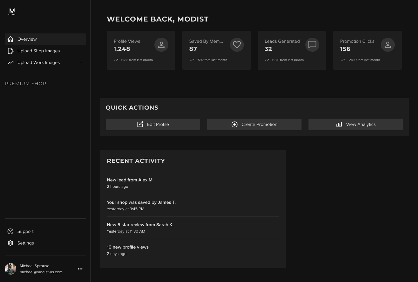 example of a Modist Shop Dashboard
