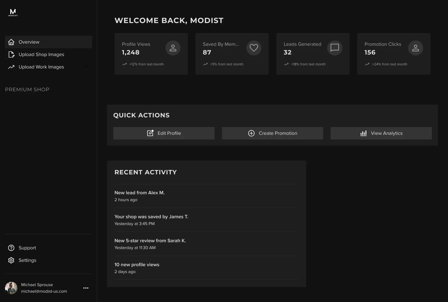Modist dashboard showing profile statistics, quick actions, and recent activity