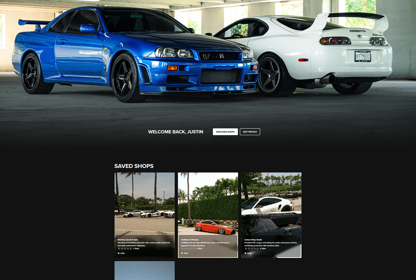 An example of the enthusiast profile where they can view their saved shops for quick reference.