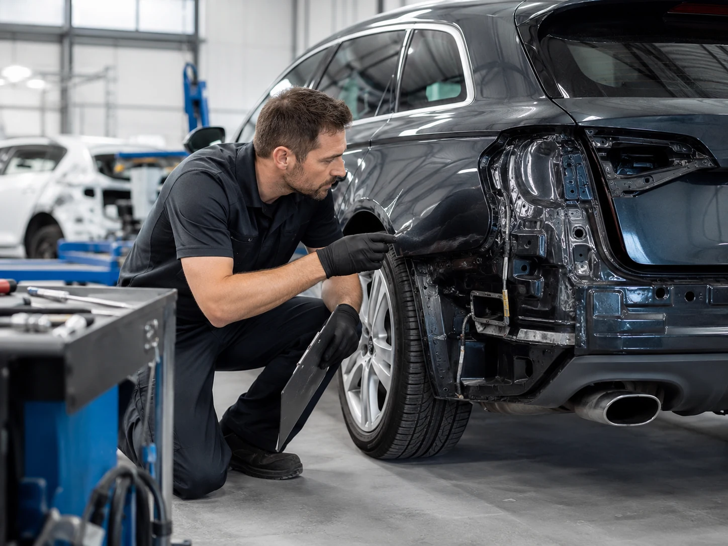 Auto paint refinishing and detailing work in a Surrey collision repair shop