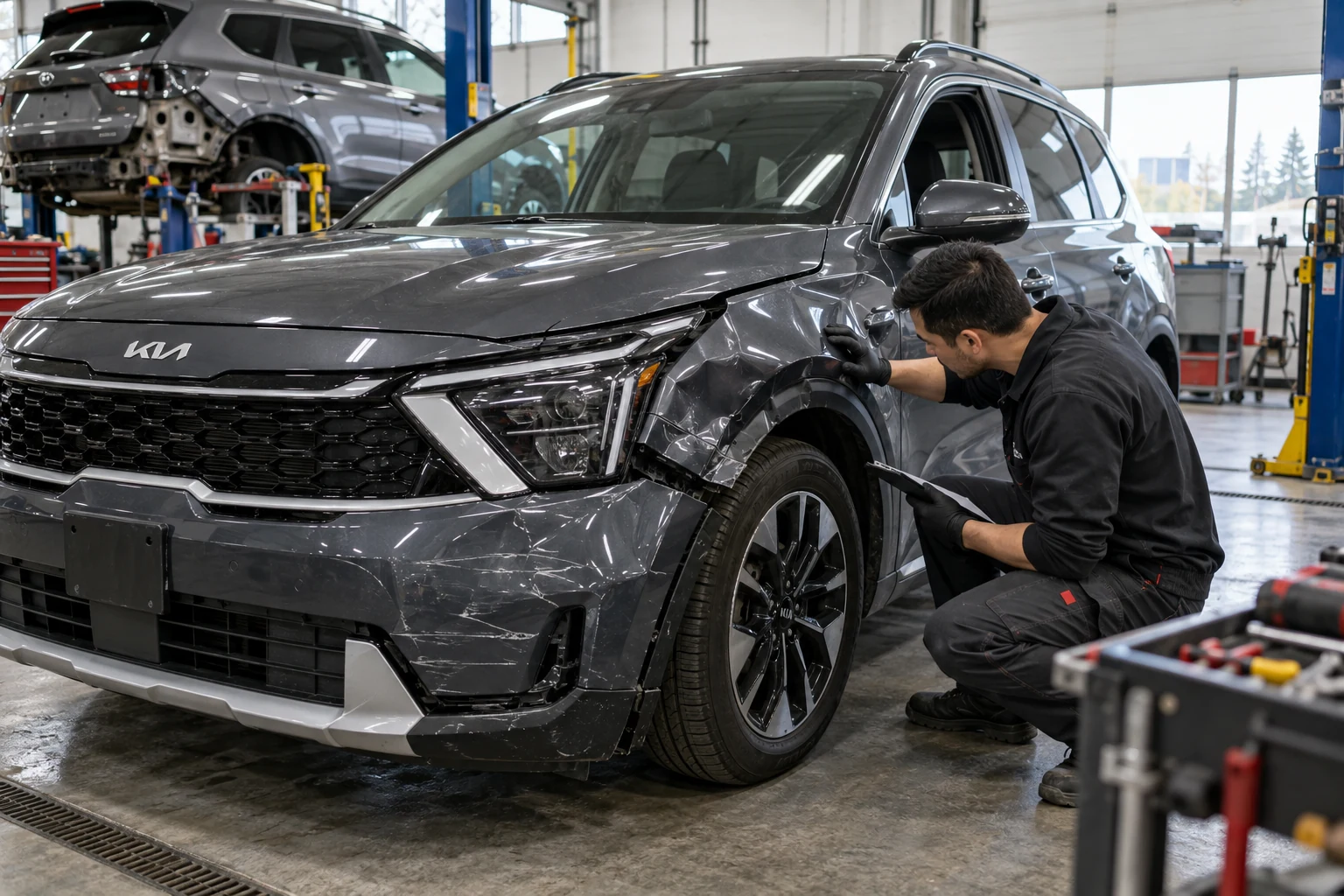 Kia EV collision damage assessment in Surrey