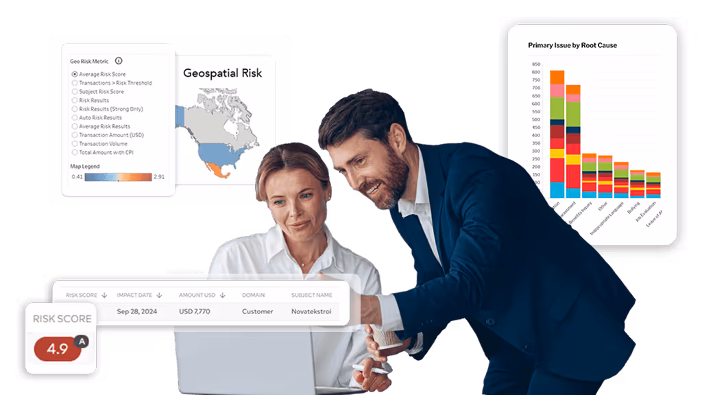 composite man and woman conversing at laptop with callout graphics
