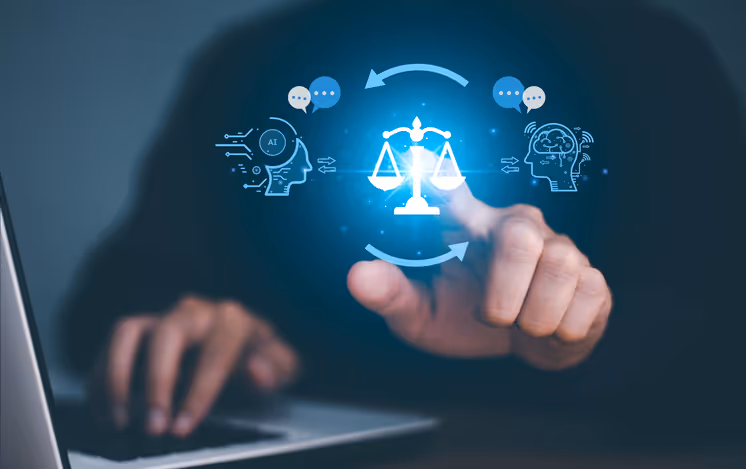 stock photo person at laptop finger touching icon of scales