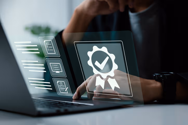 stock photo person using laptop projection of award ribbon