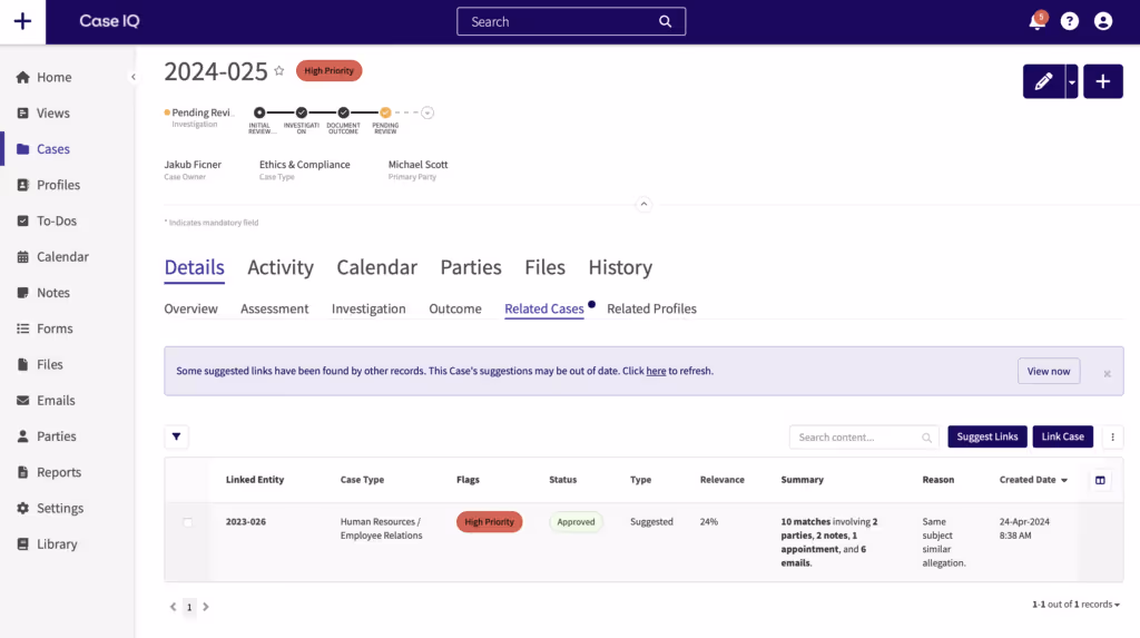 screenshot of application link related cases