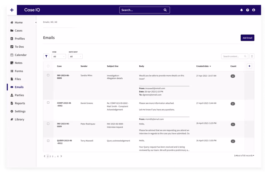 screenshot of application centralized email