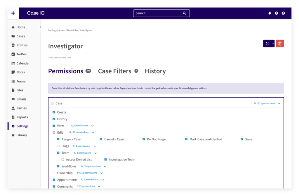 screenshot of application access crontrols