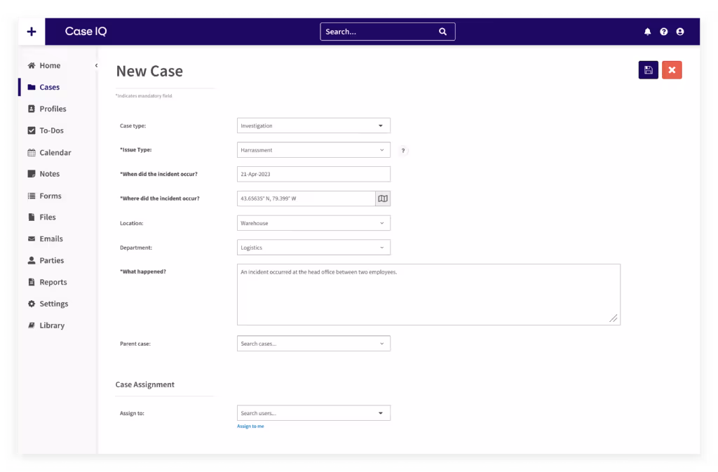 application screenshot case intake form