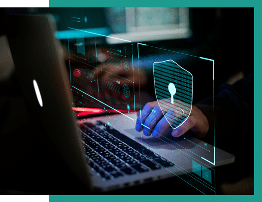 stock photo hand on laptop keyboard with overlay of security lock icon