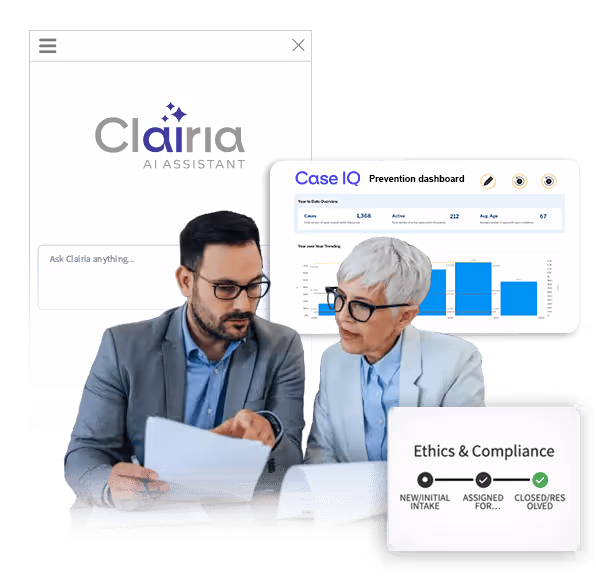 business man and woman talking application screenshots behind them