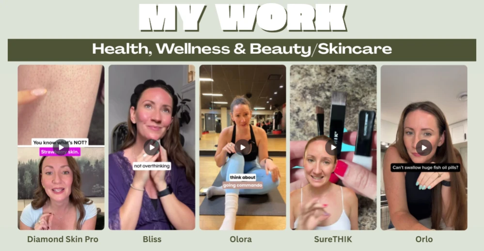 Skincare and wellness video projects presented in a creator portfolio.