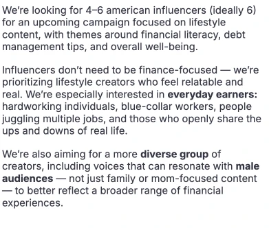 Brief describing influencer criteria for a lifestyle finance campaign.