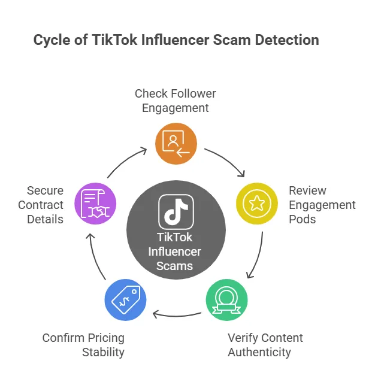 Circular infographic illustrating the process of detecting TikTok influencer scams, including steps such as checking follower engagement, reviewing engagement pods, verifying content authenticity, confirming pricing stability, and securing details around a central TikTok influencer scams icon.