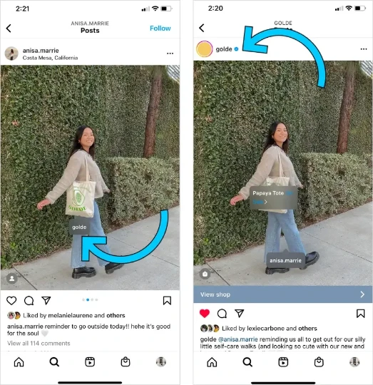 Side-by-side Instagram screenshots showing a creator’s original post featuring a tote bag and the brand’s reposted version with product tagging, “View shop” button, and shopping link overlay.