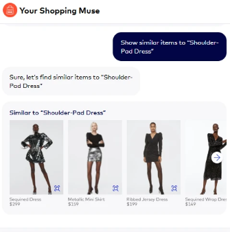 E-commerce interface showing an AI shopping assistant recommending similar clothing items after a user asks for alternatives to a “Shoulder-Pad Dress,” displaying several dress and skirt options with prices.