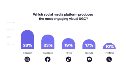 Bar chart showing which social media platforms produce the most engaging visual user-generated content, led by Instagram (28%), followed by Facebook (23%), TikTok (19%), YouTube (17%), and Twitter/X (10%).