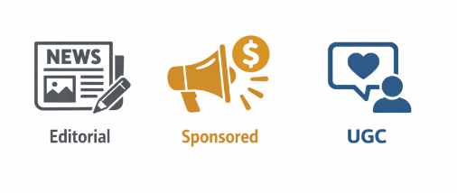 Graphic illustrating three types of brand content: editorial content represented by a news icon, sponsored content represented by a megaphone and dollar symbol, and user-generated content (UGC) represented by a speech bubble with a heart and user icon.