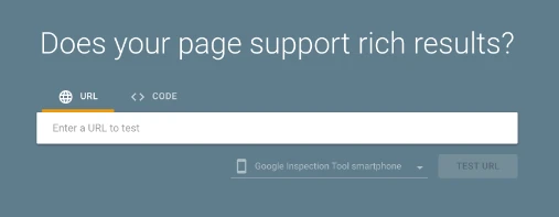 Screenshot of Google’s Rich Results Test tool showing a field to enter a URL and check whether a webpage supports structured data and rich results in Google search.