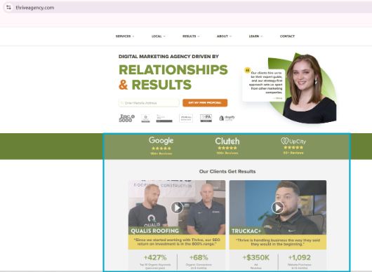 Screenshot of The V Agency website homepage highlighting its “Relationships & Results” message along with client testimonials, review ratings from Google and Clutch, and case study results.