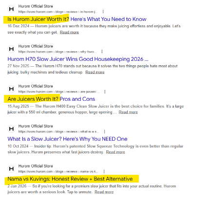 Screenshot of Google search results showing multiple blog articles about juicers, with highlighted titles demonstrating how FAQ-style content appears and ranks in search results.
