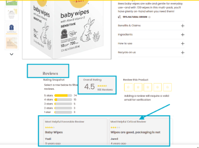 Screenshot of an e-commerce product page showing a reviews section with a 4.5-star rating, rating distribution, and highlighted positive and critical customer reviews.