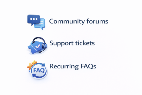 Graphic listing three sources for customer insights and content ideas: community forums, support tickets, and recurring FAQs.
