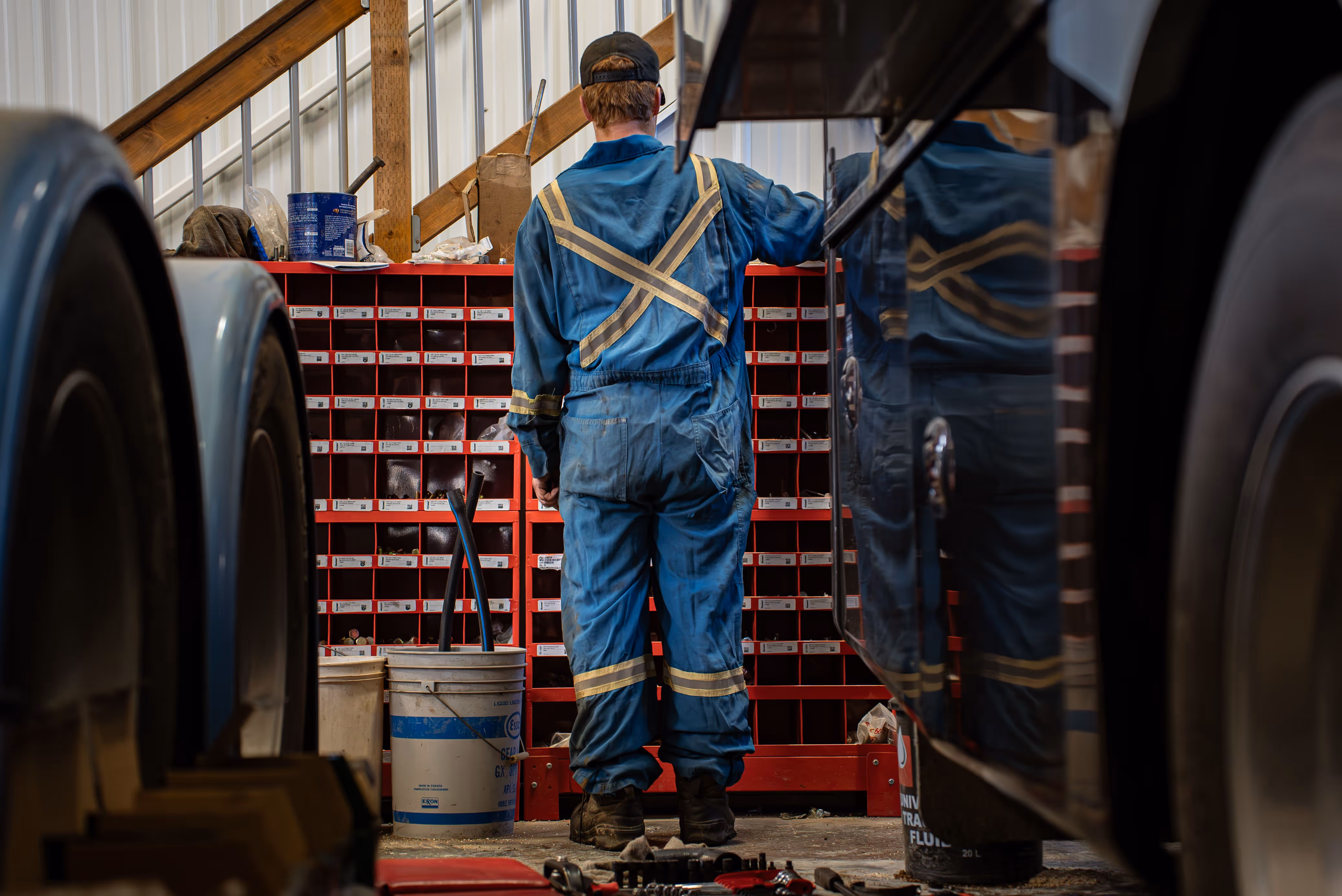 Truck parts storage in repair shop in Weyburn, SK