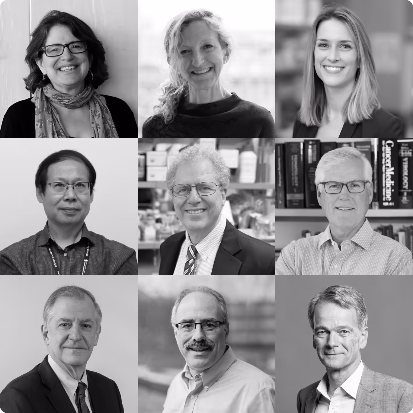 mosaic of team members. Top row from left to right: Leslie Kean, Susan Prockop, Holly Wobma. Middle row from left to right: Xianliang Rui, Bruce Blazar, David Scadden. Bottom row from left to right: Joren Madsen, Len Zon, Brock Reeve.