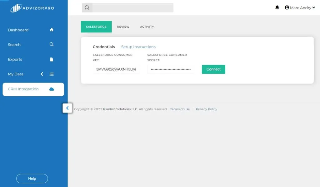 salesforce advizorpro enter credentials