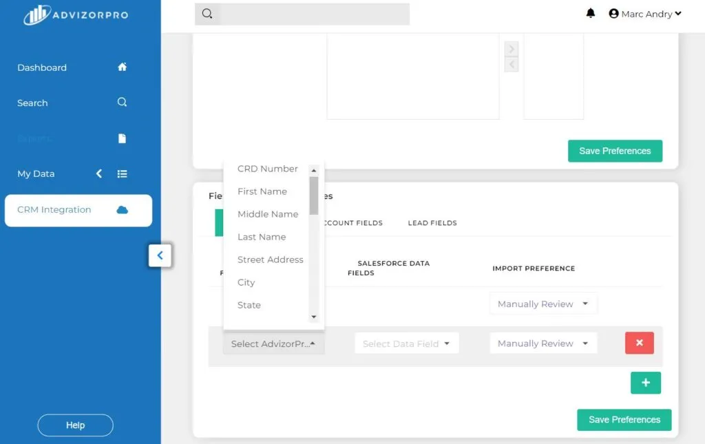 AdvizorPro Salesforce Integration map fields