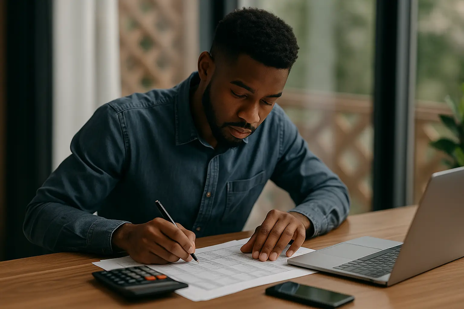Real estate strategy consultant reviewing development plans and budgets at a desk during advisory session.