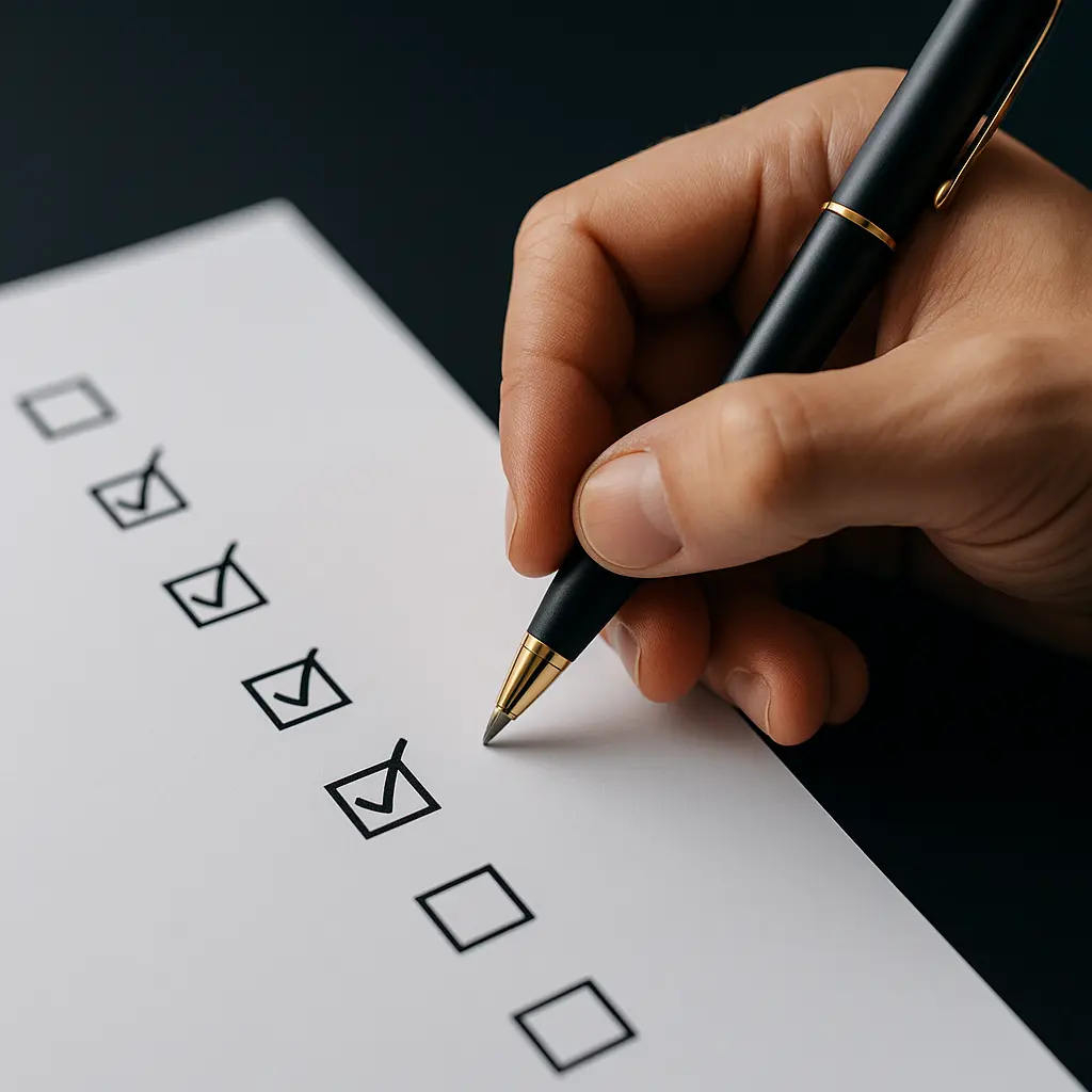 Hand checking off boxes on a checklist — symbolizing project readiness and progress using ARC Start development tools.