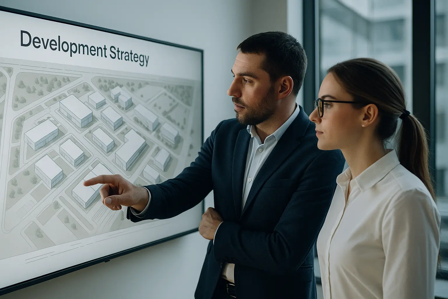 Real estate strategy consultant reviewing development plans and budgets at a desk during advisory session.