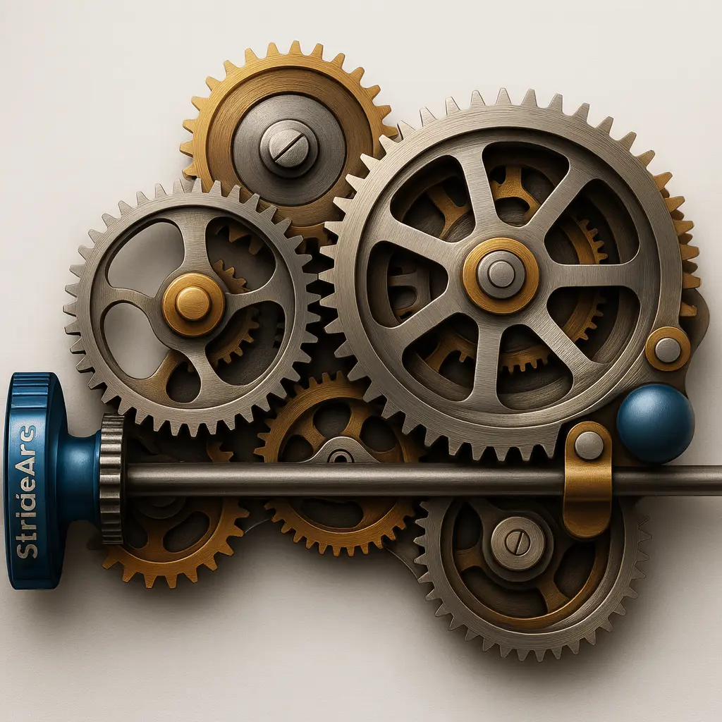 Interconnected gears symbolizing disciplined growth, portfolio planning, and fractional CDO leadership in real estate.