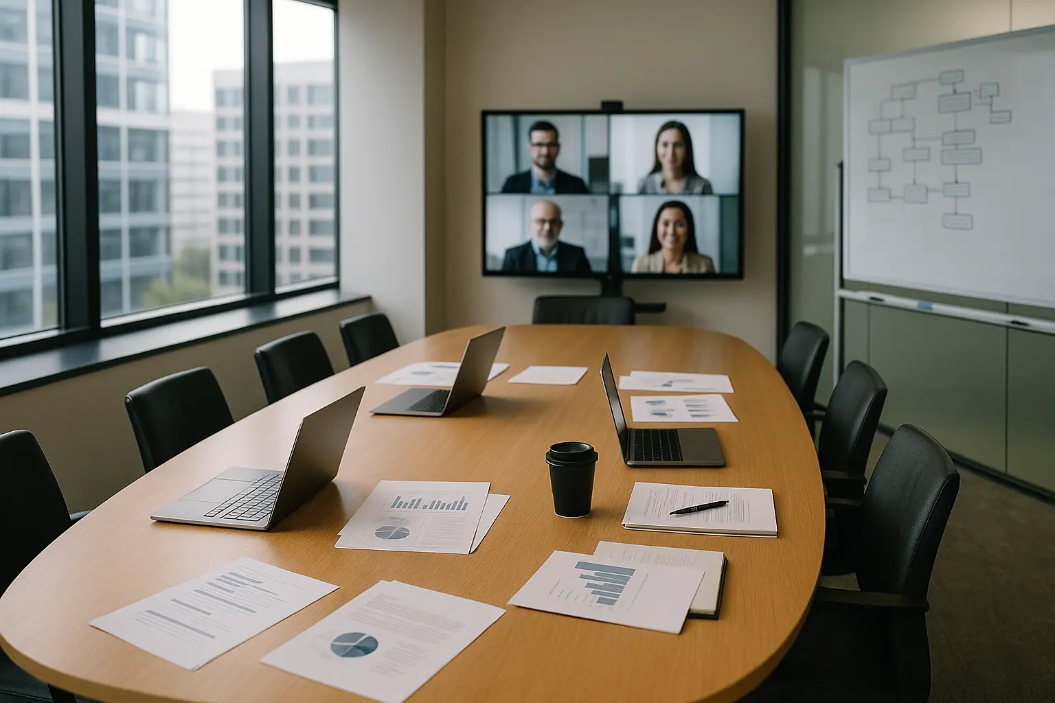 Advisor board meeting with laptops and virtual collaboration, strengthening real estate decisions through fractional CDO leadership.