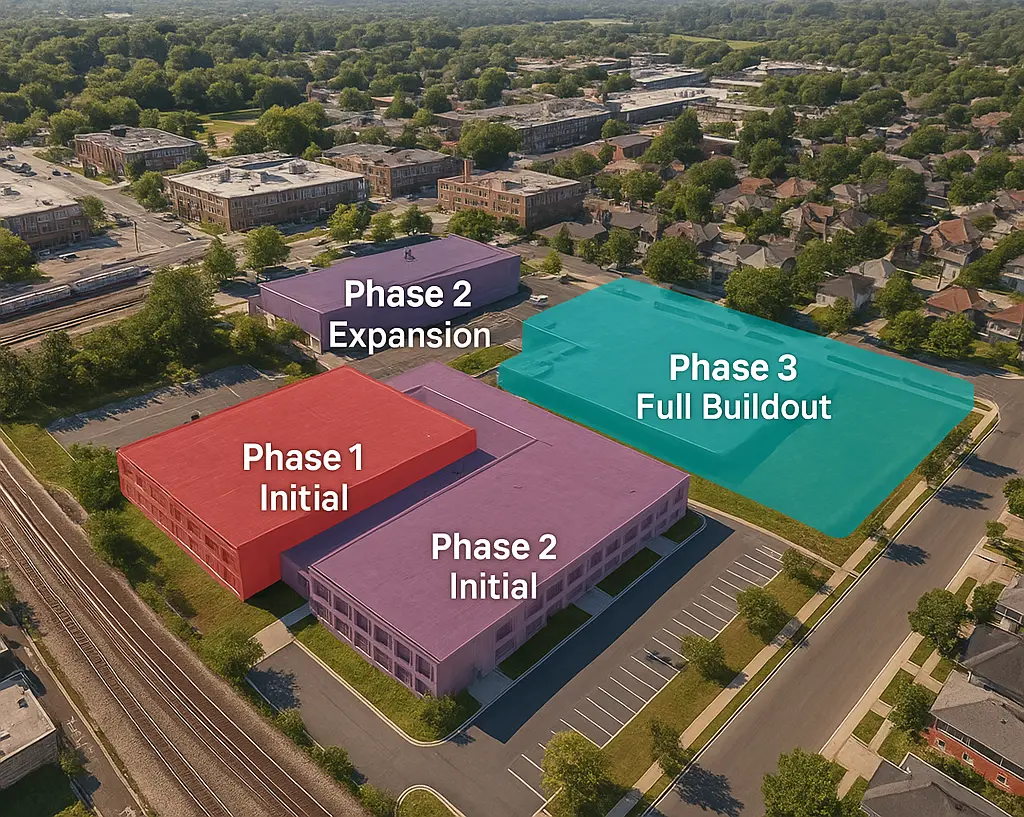 Aerial view of urban parcels used in real estate portfolio governance and integration led by a fractional CDO.