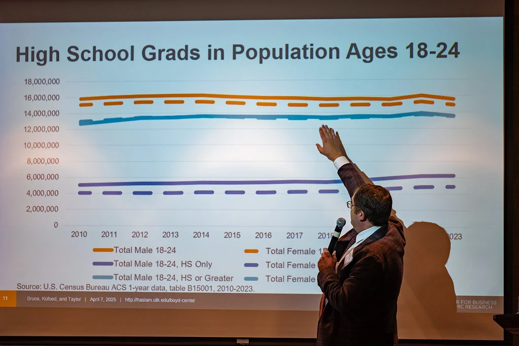 A presenter at the HEMAC annual convening showing a graph.